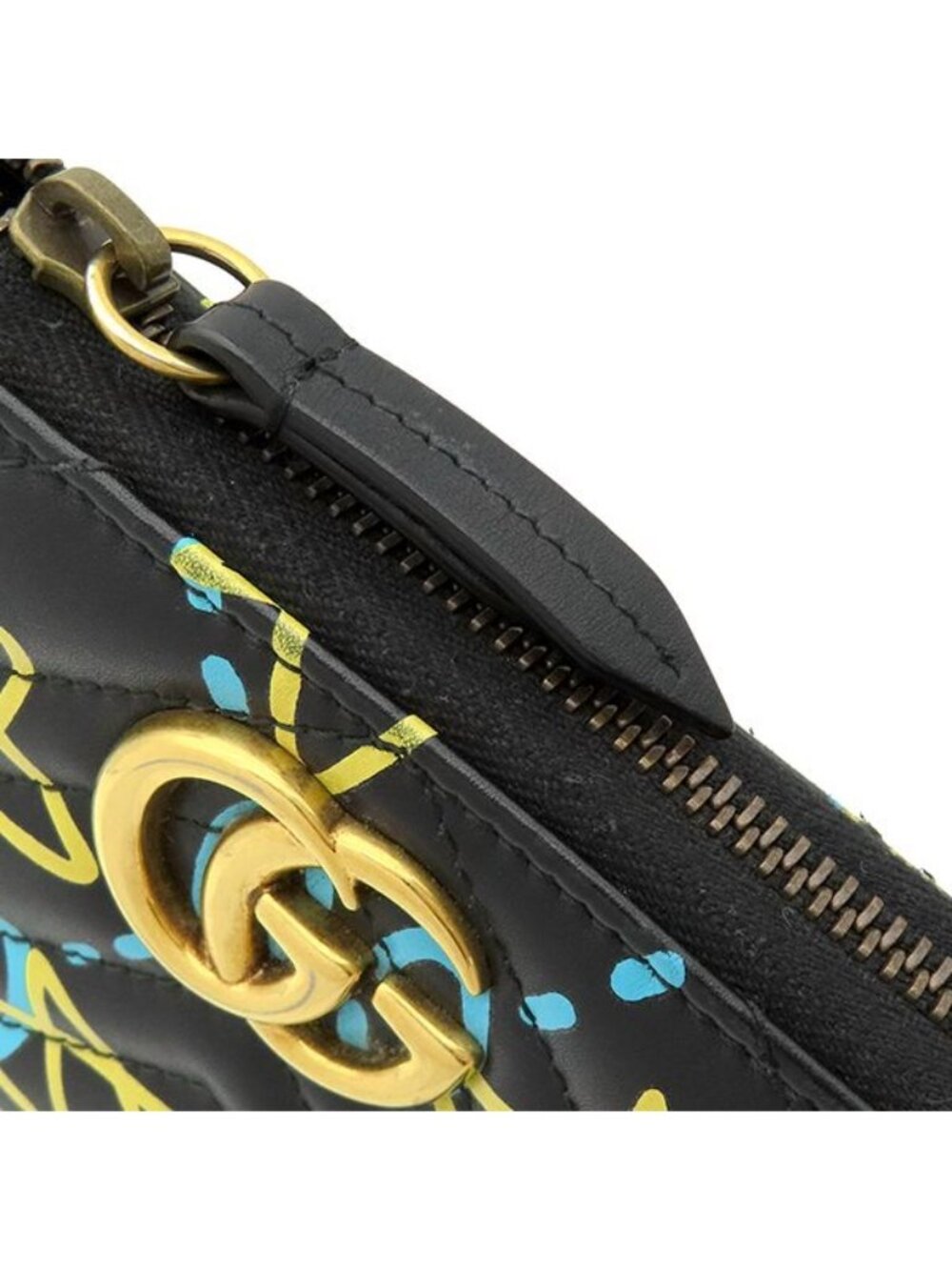 Gucci Wallet Ghost Zip Around Leather Black Yellow Blue Vintage GG Star Doodle - Picture 7 of 12